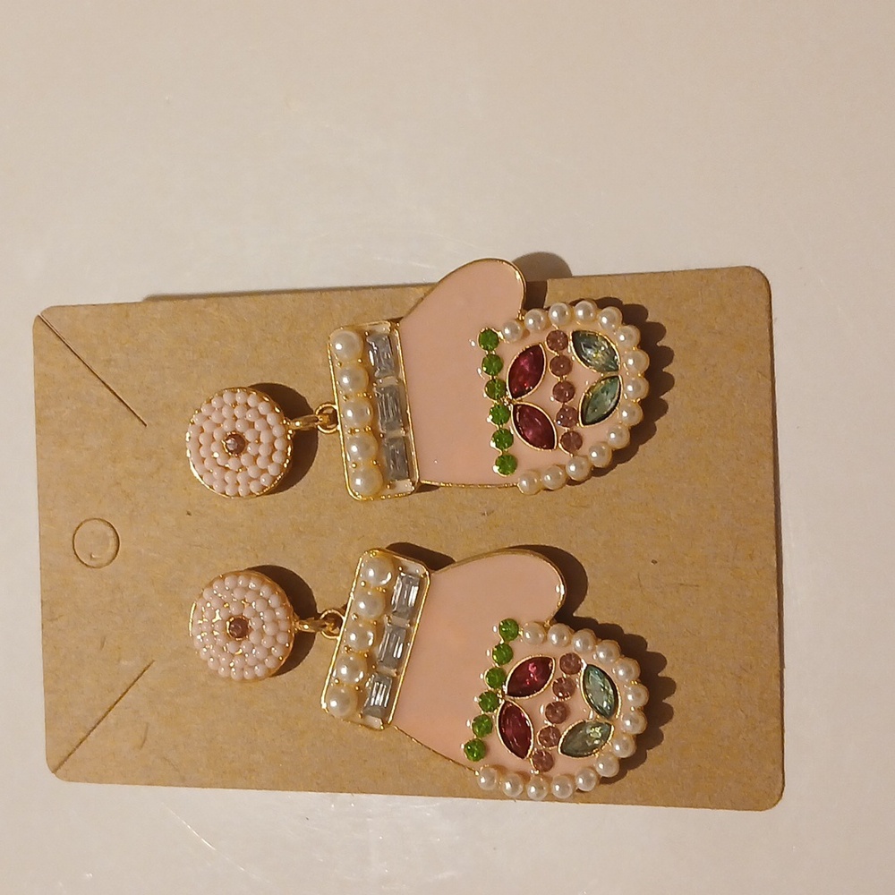 Fashion Jewelry Pink and Gold Mittens Earrings - Picture 2 of 4